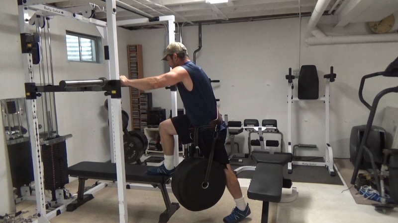 Two Bench Hip Belt Split Squats For Single-Leg, Heavy Quadricep Training Change Legs
