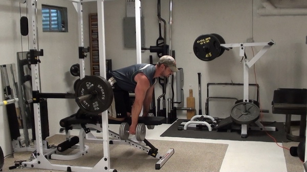 Bar-in-Stomach Dumbbell Rows